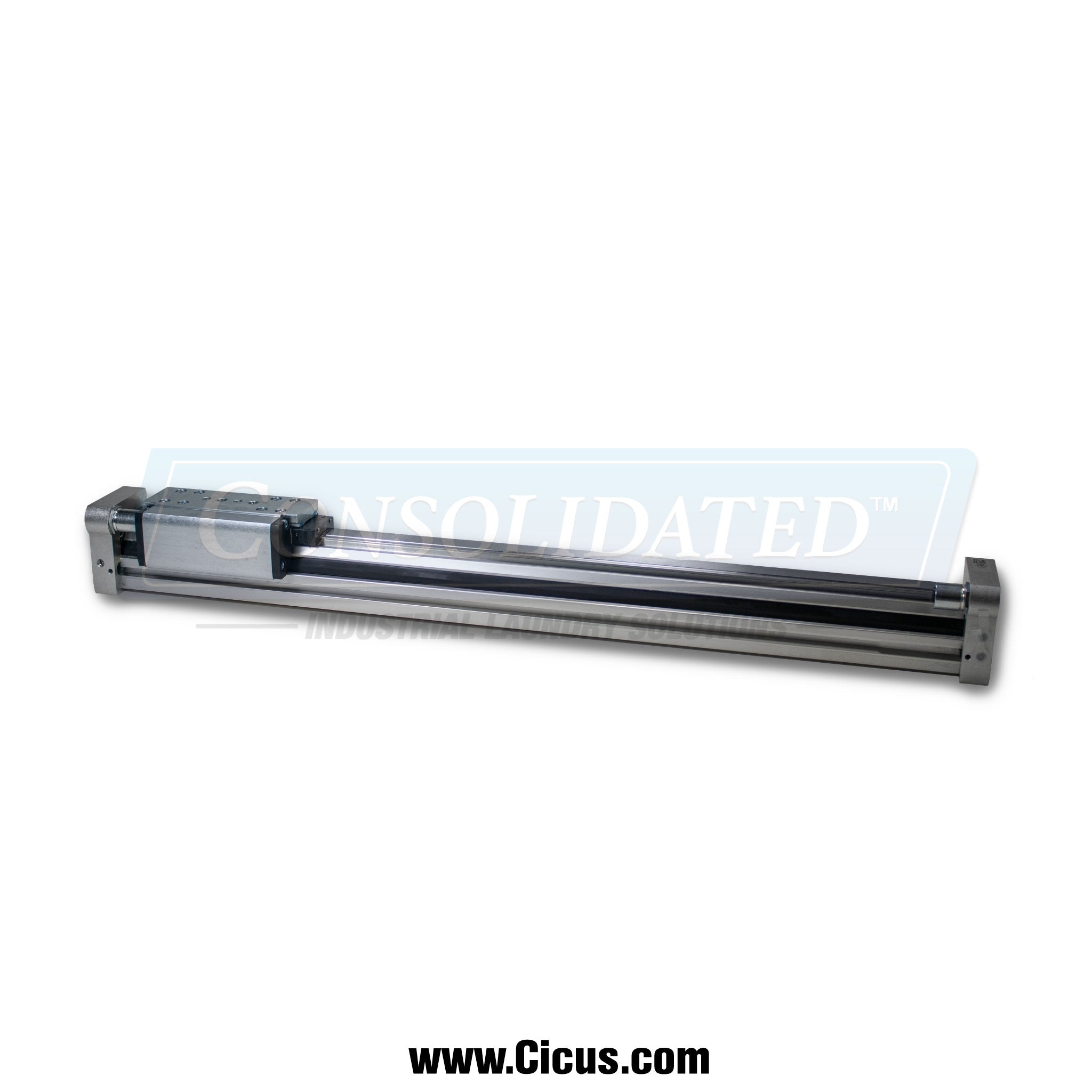 This image features the same Chicago Dryer Rodless Air Cylinder 18mm 14" Stroke [0208-518], but from a different angle, showing the entire length of the cylinder. It lies horizontally with mounting brackets visible on both ends. The "CONSOLIDATED™" watermark is again present, along with the "www.Cicus.com" website indication, emphasizing the company's branding.