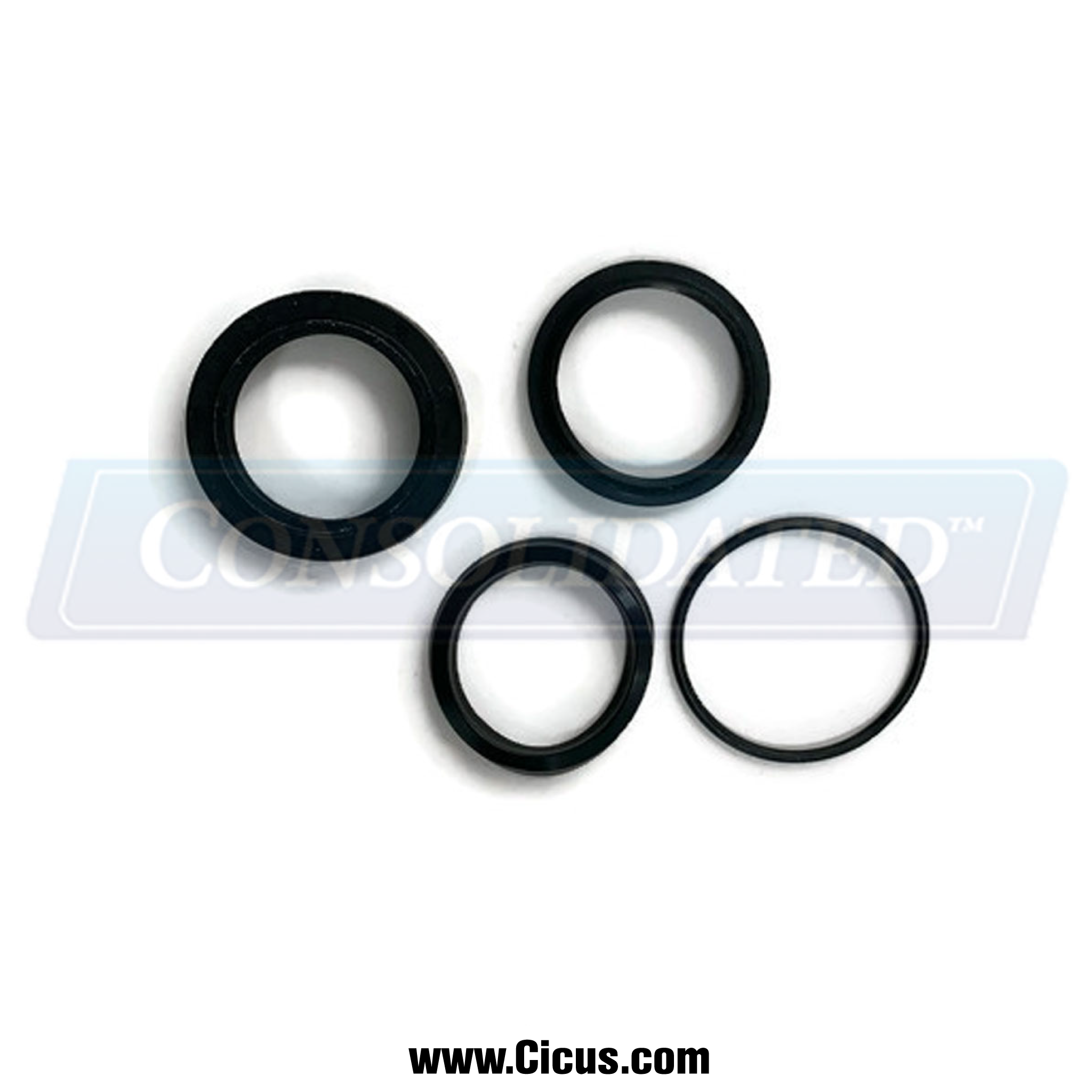 Industrial black rubber seal set for commercial laundry machines, varying sizes, Milnor Rod Seal Kit 1" Vickers - VP Model [27C700AR08], with the 'CONSOLIDATED™' brand watermark, available at www.Cicus.com.