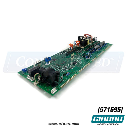 Green printed circuit board for an industrial or agricultural machine, with various electronic components such as resistors, capacitors, and integrated circuits.